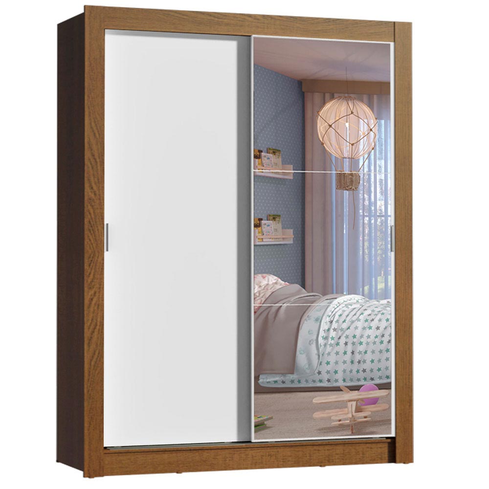 Guarda-Roupa Infantil Madesa Theo 2 Portas de Correr com Espelho 4 Gavetas Rustic/Branco - Rustic/Branco