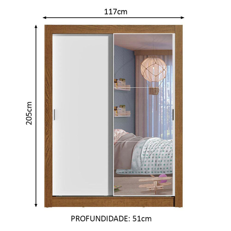 Guarda-Roupa Infantil Madesa Theo 2 Portas de Correr com Espelho 4 Gavetas Rustic/Branco