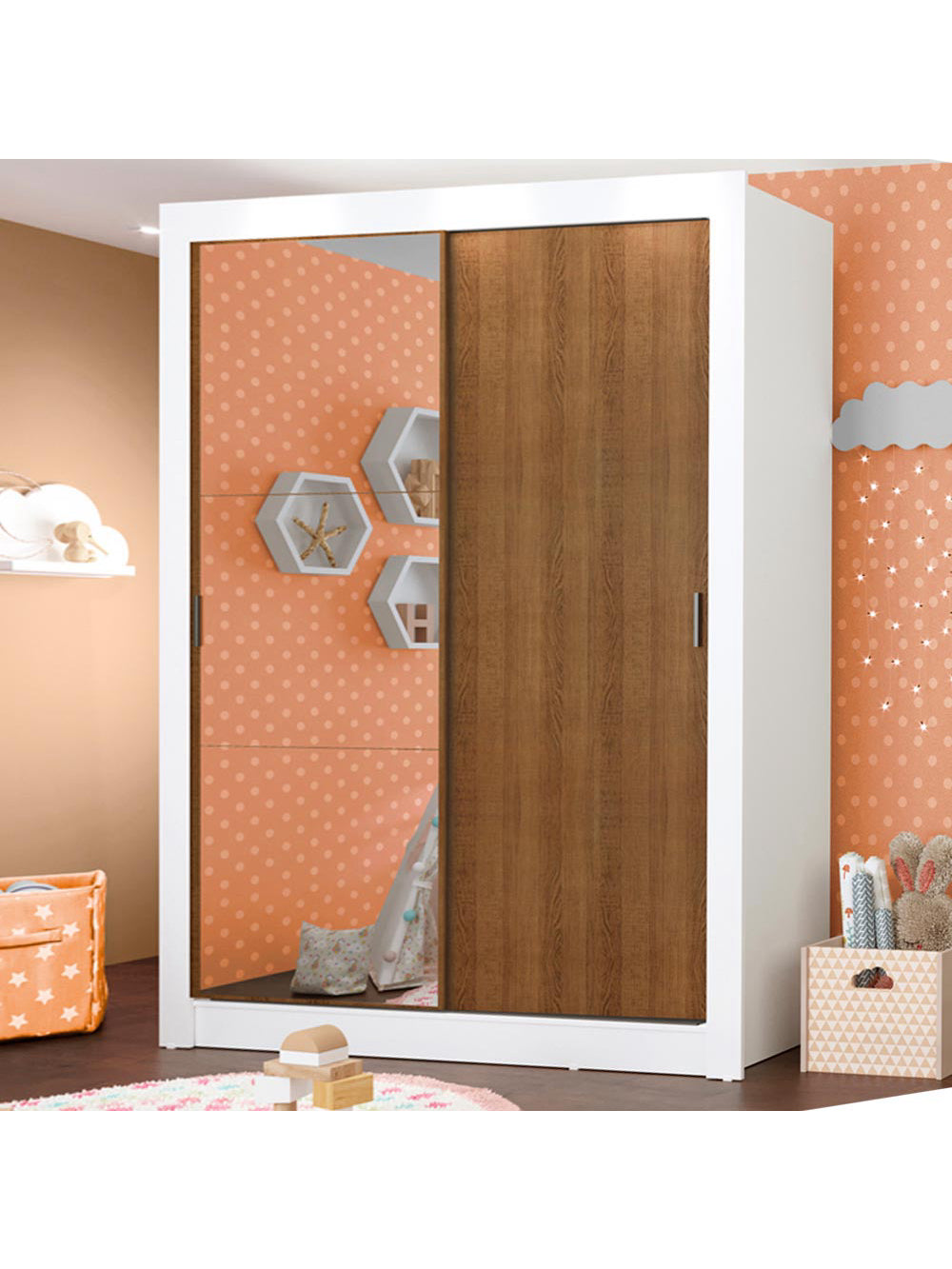 Guarda-Roupa Infantil Madesa Enzo 2 Portas de Correr com Espelho Branco/Rustic - Branco/Rustic