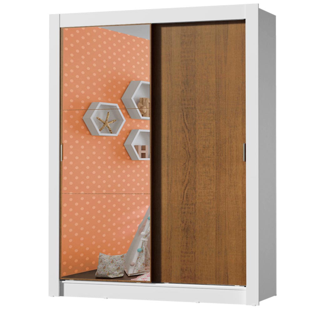 Guarda-Roupa Infantil Madesa Enzo 2 Portas de Correr com Espelho Branco/Rustic - Branco/Rustic