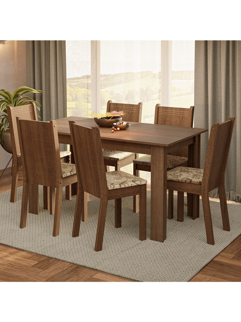 Conjunto Sala de Jantar Madesa Analu Mesa Tampo de Madeira com 6 Cadeiras Rustic/Lírio Bege