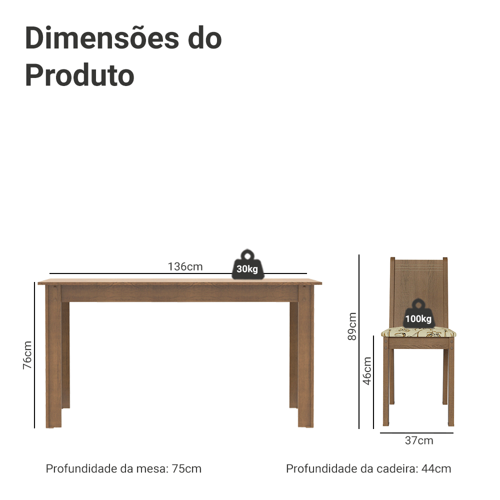 Conjunto Sala de Jantar Madesa Analu Mesa Tampo de Madeira com 6 Cadeiras Rustic/Lírio Bege