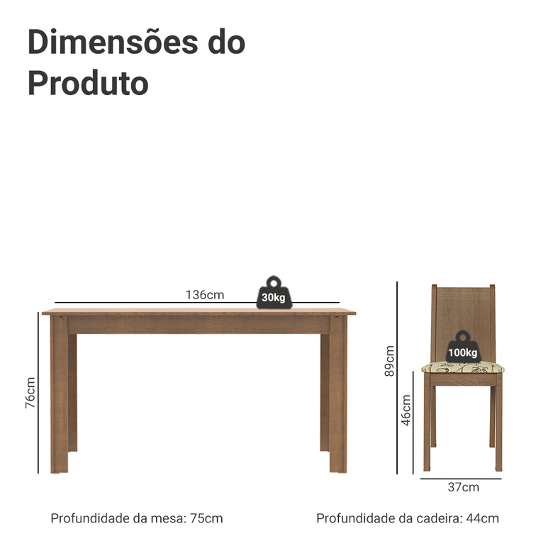 Conjunto Sala de Jantar Madesa Analu Mesa Tampo de Madeira com 6 Cadeiras Rustic/Lírio Bege