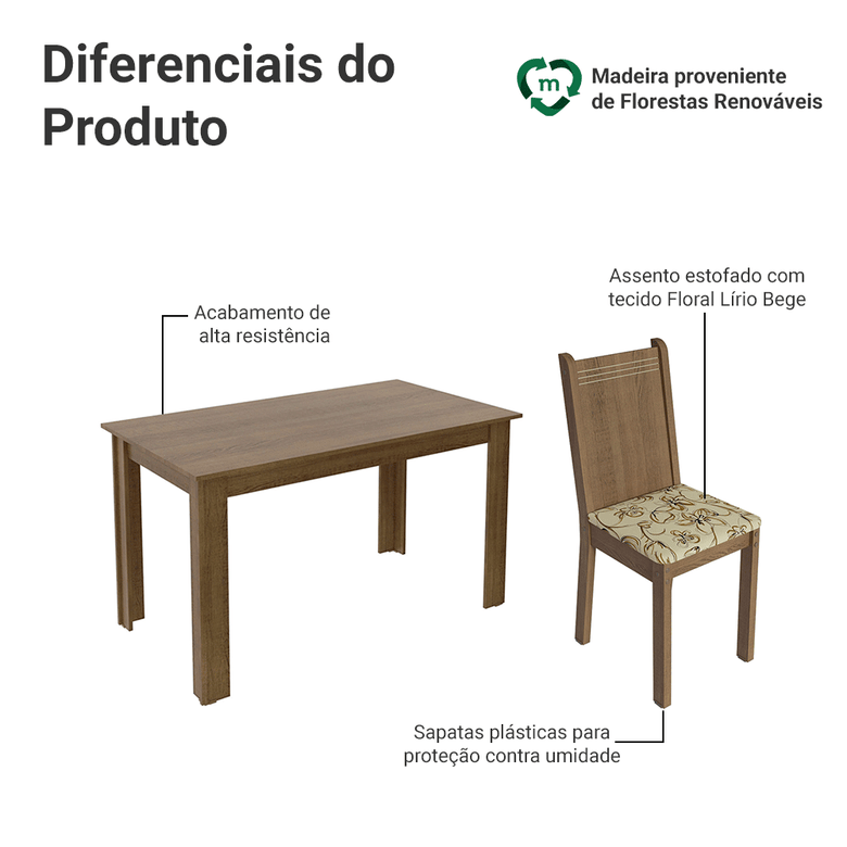 Conjunto Sala de Jantar Madesa Analu Mesa Tampo de Madeira com 6 Cadeiras Rustic/Lírio Bege