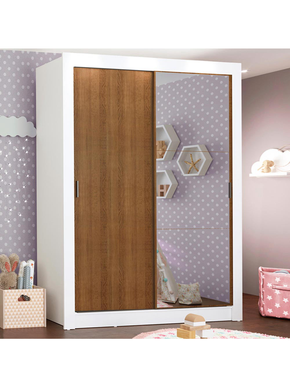 Guarda-Roupa Infantil Madesa Bento 2 Portas de Correr com Espelho 2 Gavetas Branco/Rustic - Branco/Rustic