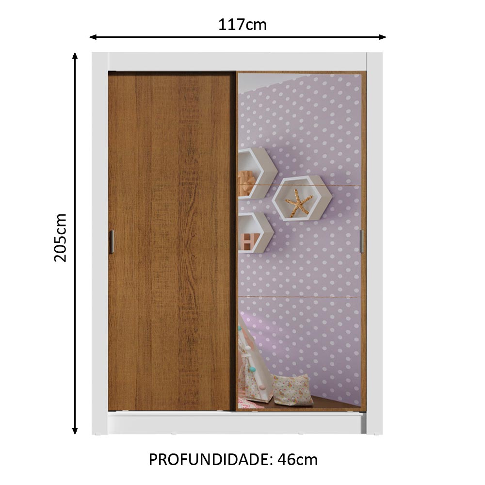 Guarda-Roupa Infantil Madesa Bento 2 Portas de Correr com Espelho 2 Gavetas Branco/Rustic