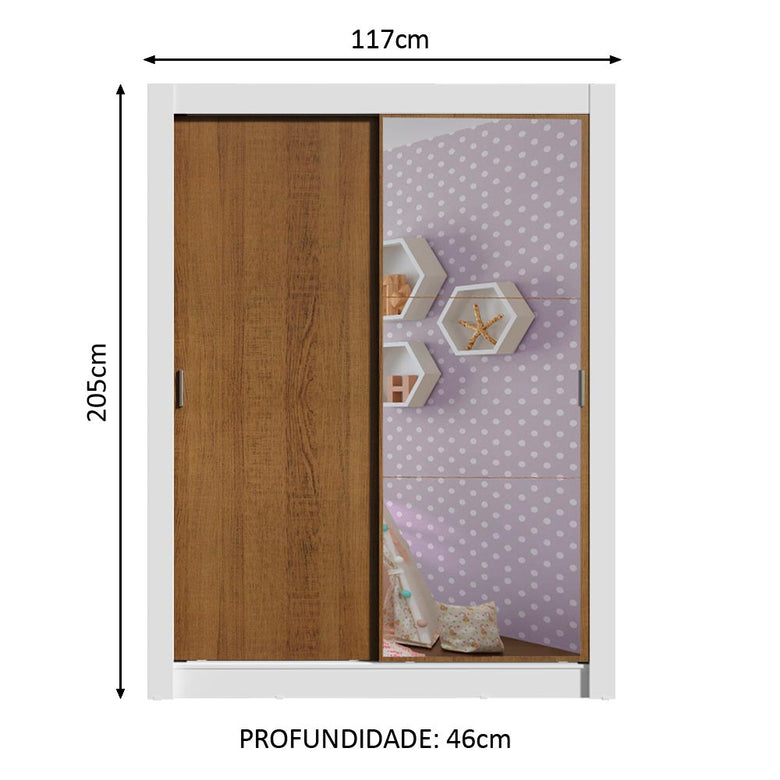 Guarda-Roupa Infantil Madesa Bento 2 Portas de Correr com Espelho 2 Gavetas Branco/Rustic