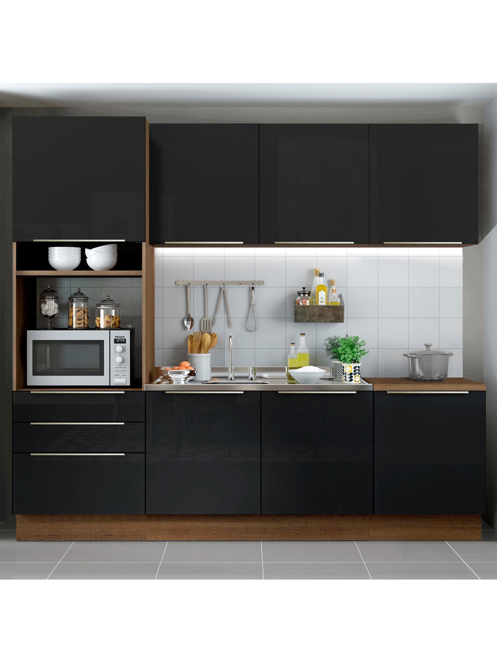 Armário de Cozinha Completa 240cm Rustic/Preto Lux Madesa 03 - Rustic/Preto