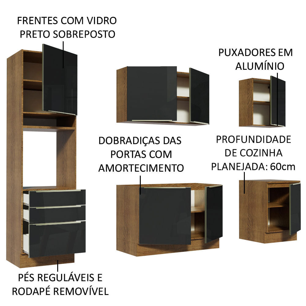 Armário de Cozinha Completa 240cm Rustic/Preto Lux Madesa 03