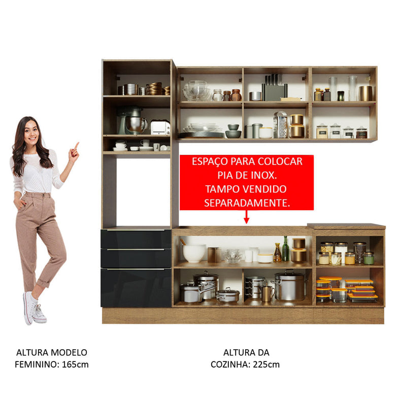 Armário de Cozinha Completa 240cm Rustic/Preto Lux Madesa 03