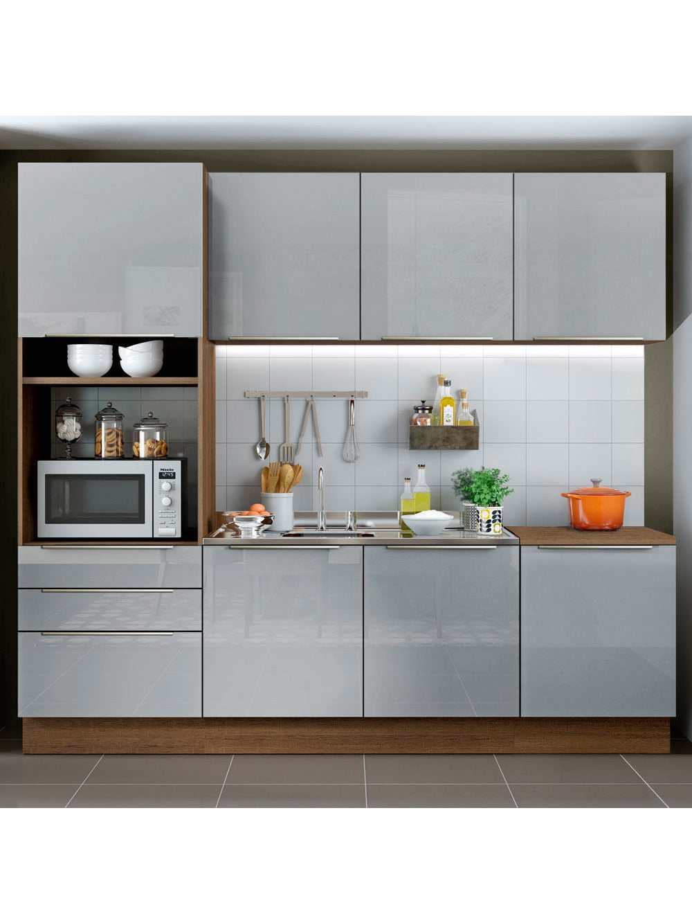 Armário de Cozinha Completa 240cm Rustic/Cinza Lux Madesa 03 - Rustic/Cinza