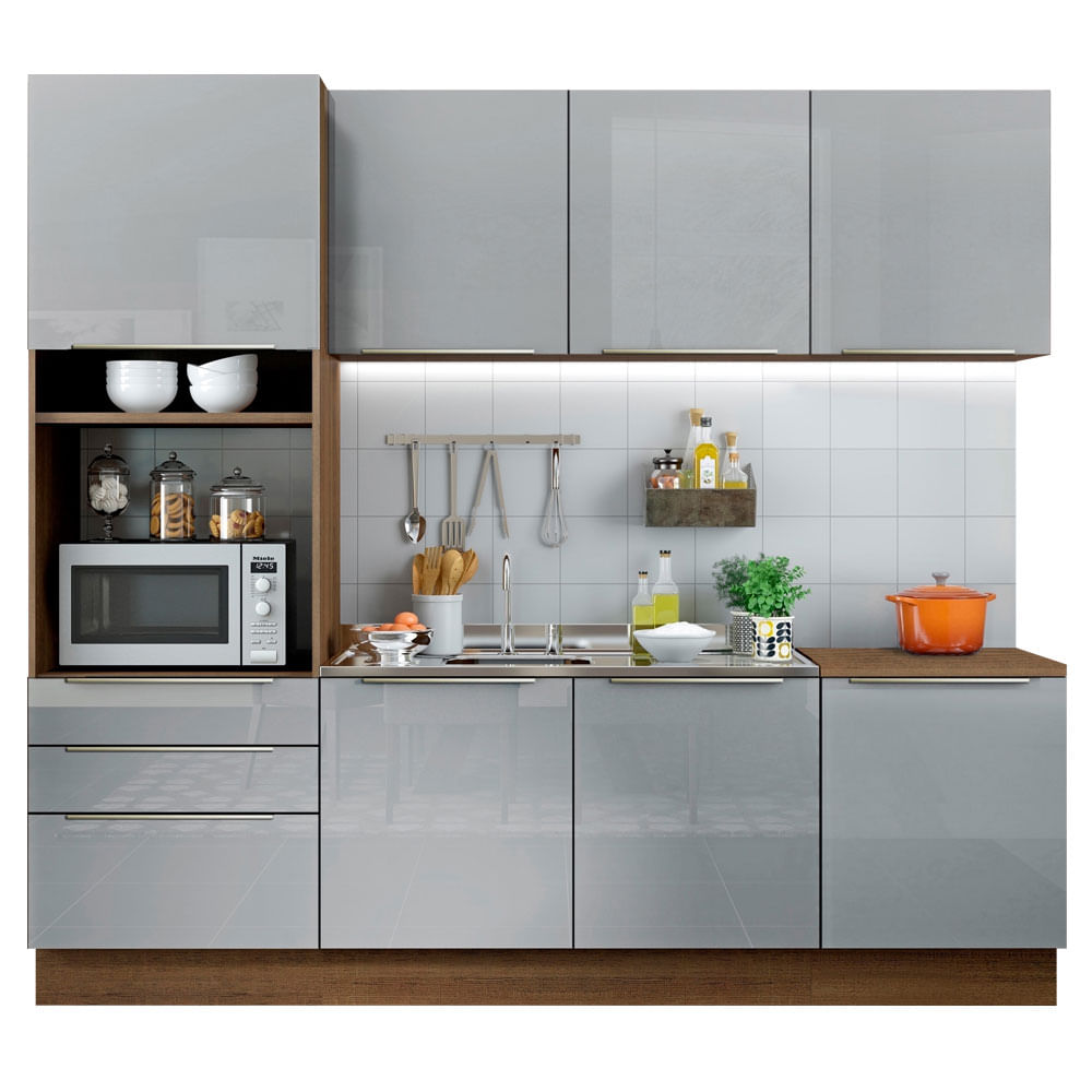 Armário de Cozinha Completa 240cm Rustic/Cinza Lux Madesa 03 - Rustic/Cinza