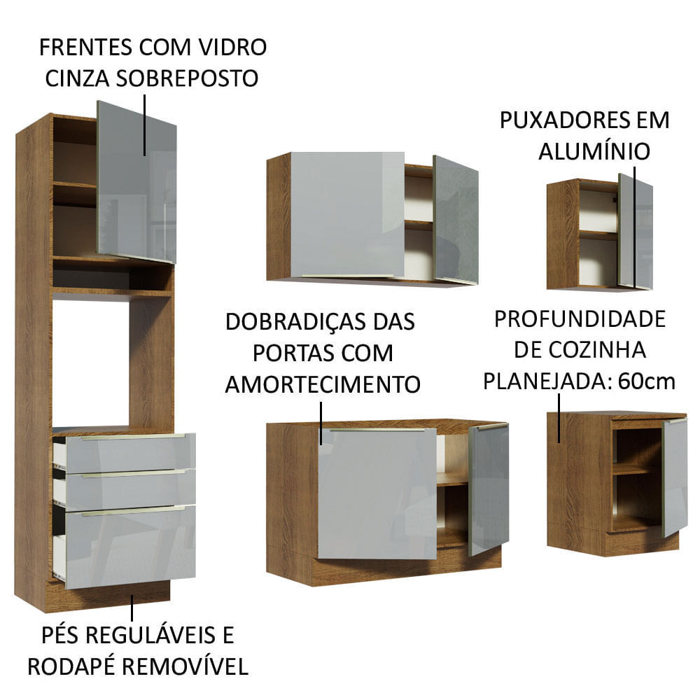 Armário de Cozinha Completa 240cm Rustic/Cinza Lux Madesa 03