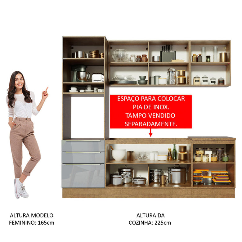 Armário de Cozinha Completa 240cm Rustic/Cinza Lux Madesa 03