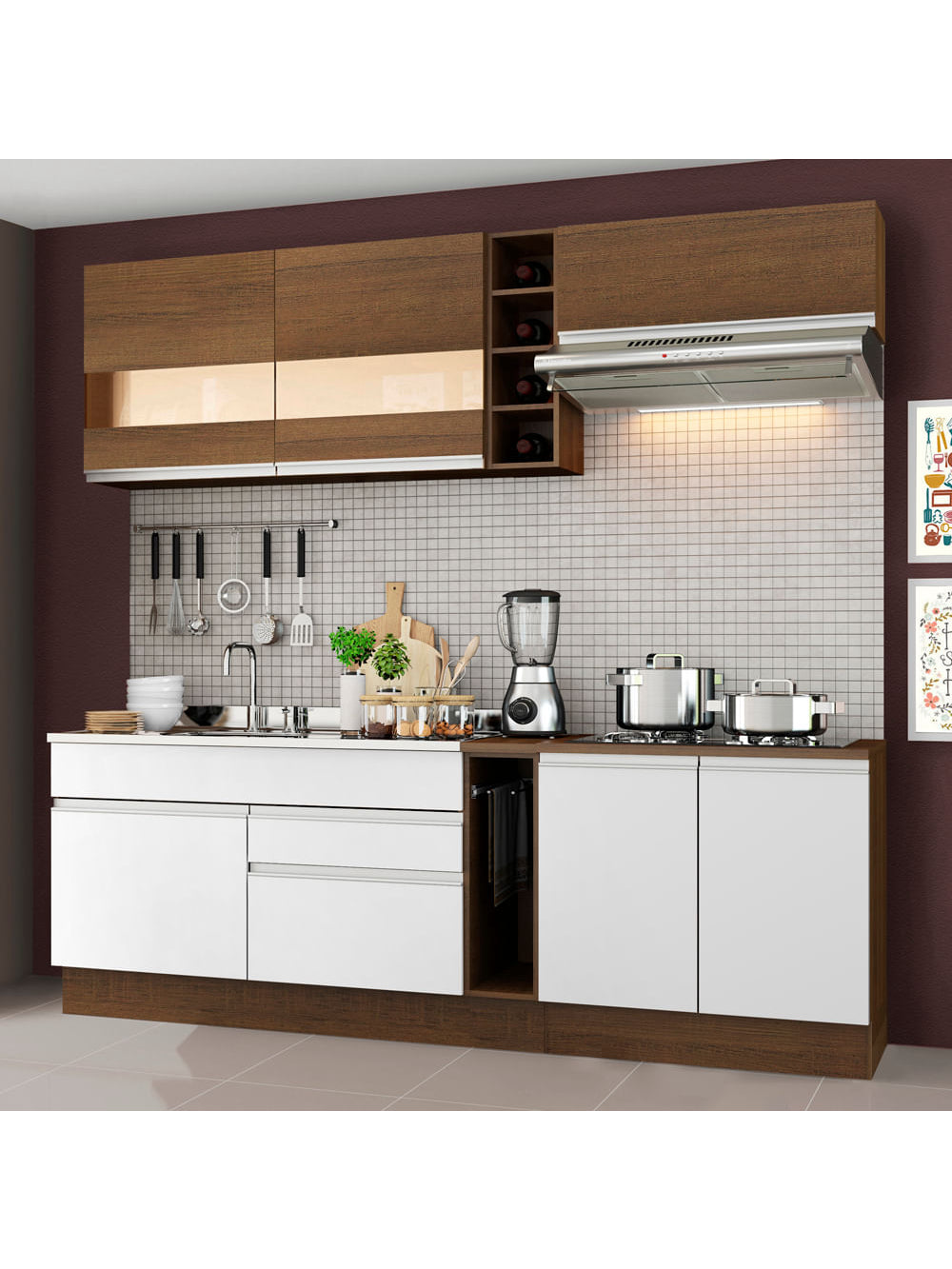 Armário de Cozinha Completa 220cm Rustic/Branco/Rustic Parma Madesa 02 - Rustic/Branco/Rustic