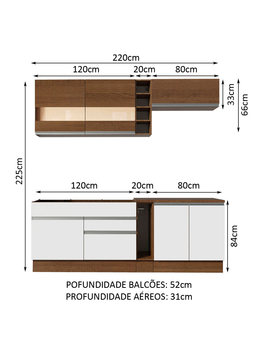 Armário de Cozinha Completa 220cm Rustic/Branco/Rustic Parma Madesa 02