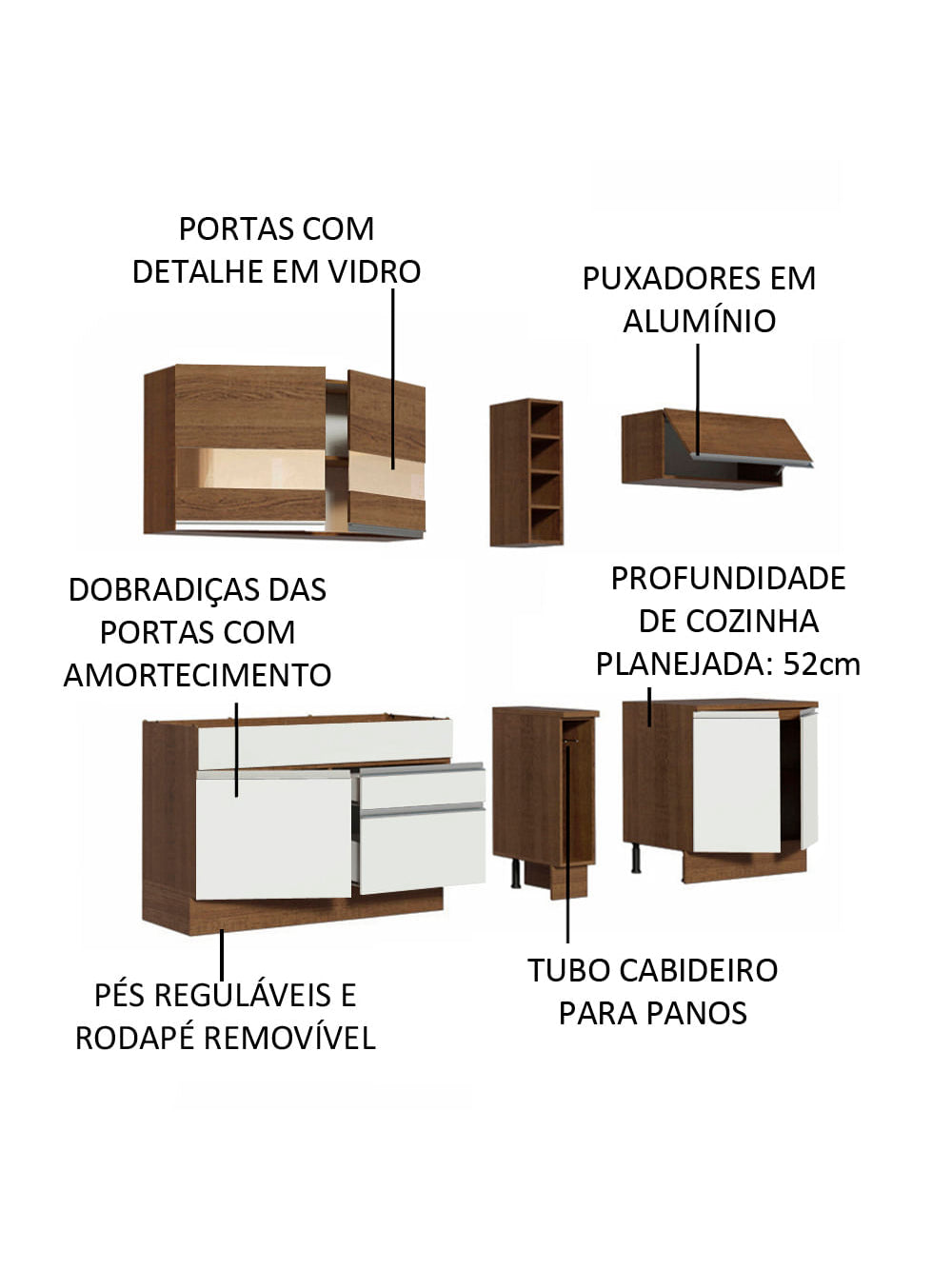 Armário de Cozinha Completa 220cm Rustic/Branco/Rustic Parma Madesa 02