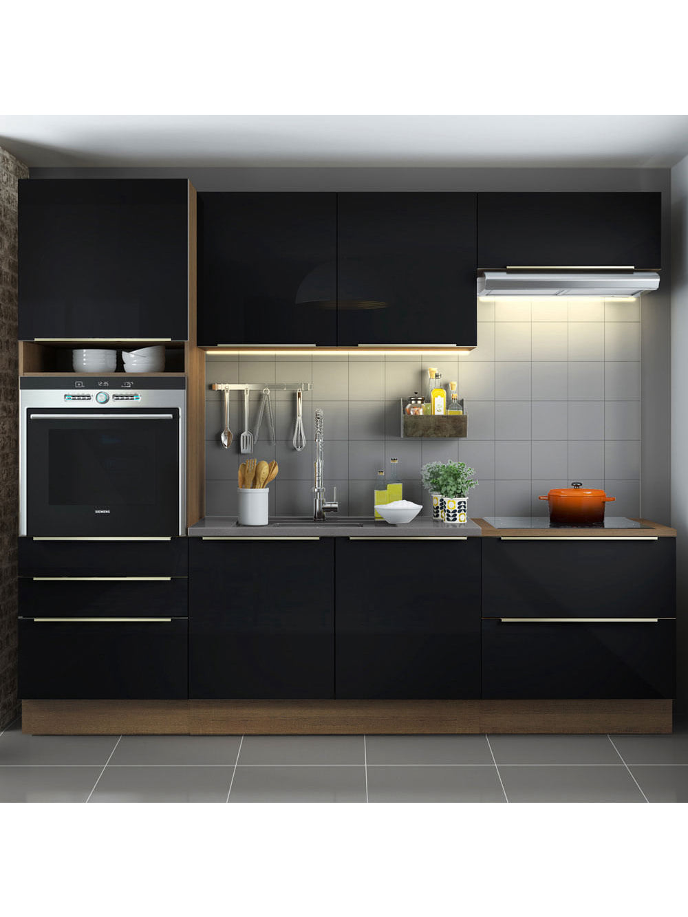 Armário de Cozinha Completa 260cm Rustic/Preto Lux Madesa 01 - Rustic/Preto