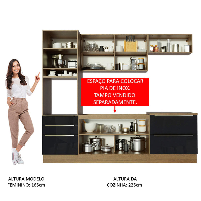 Armário de Cozinha Completa 260cm Rustic/Preto Lux Madesa 01