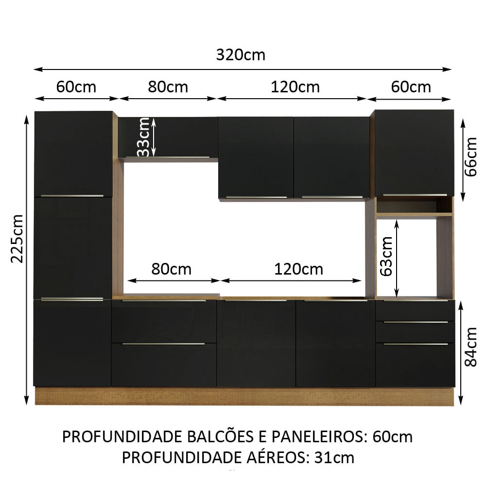 Armário de Cozinha Completa 320cm Rustic/Preto Lux Madesa 03