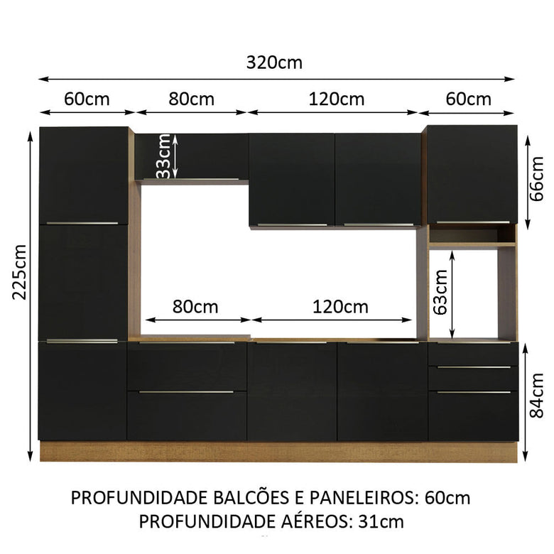 Armário de Cozinha Completa 320cm Rustic/Preto Lux Madesa 03