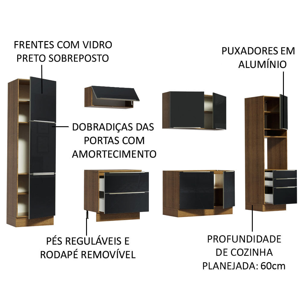 Armário de Cozinha Completa 320cm Rustic/Preto Lux Madesa 03