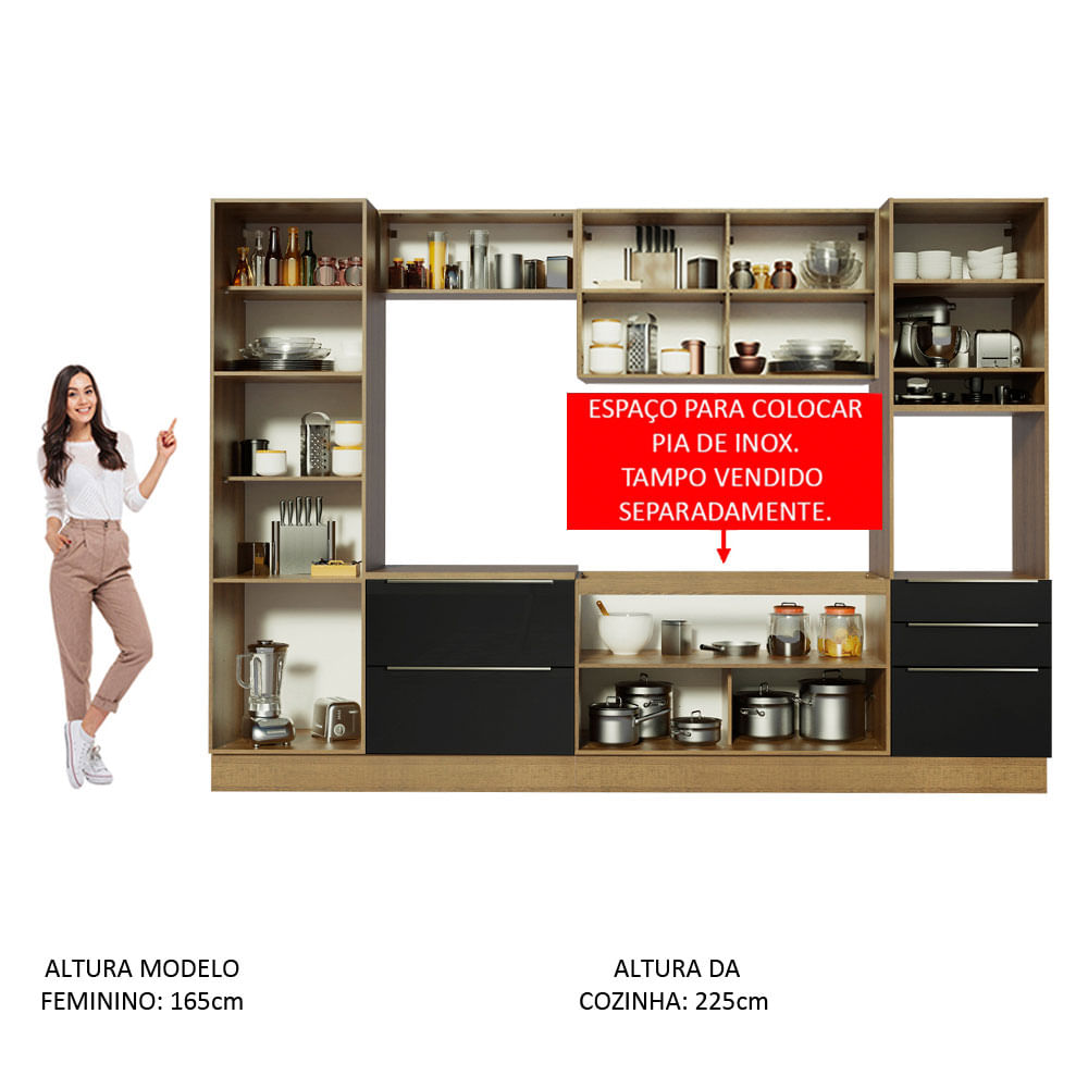 Armário de Cozinha Completa 320cm Rustic/Preto Lux Madesa 03
