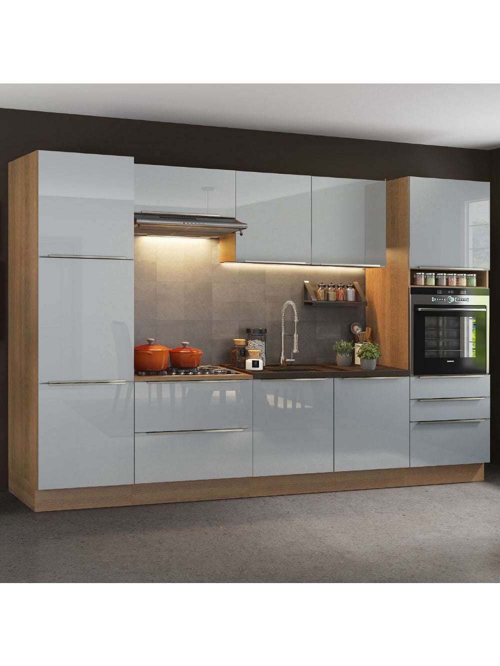 Armário de Cozinha Completa 320cm Rustic/Cinza Lux Madesa 03 - Rustic/Cinza
