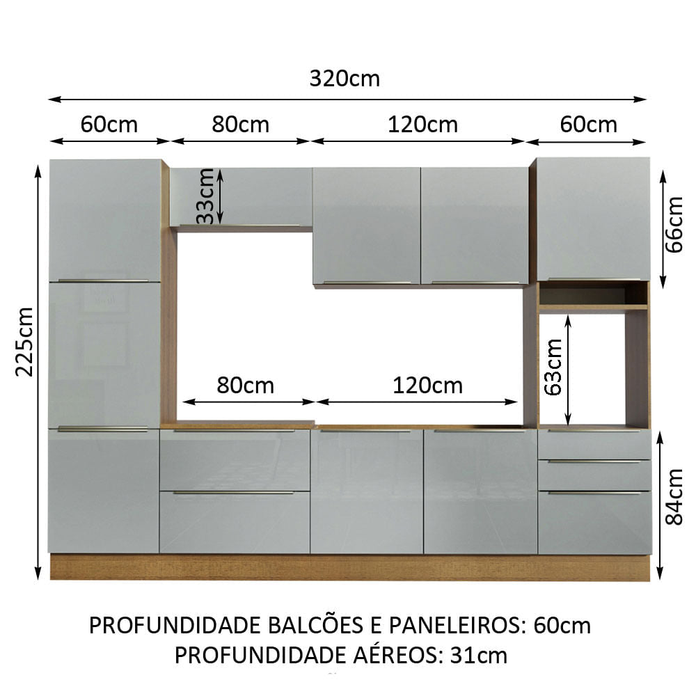 Armário de Cozinha Completa 320cm Rustic/Cinza Lux Madesa 03