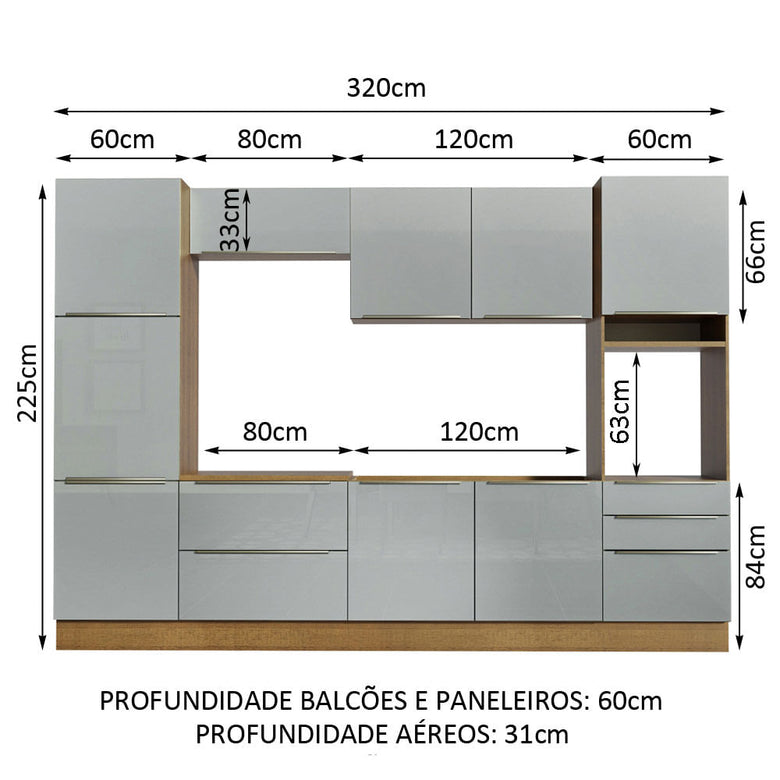 Armário de Cozinha Completa 320cm Rustic/Cinza Lux Madesa 03
