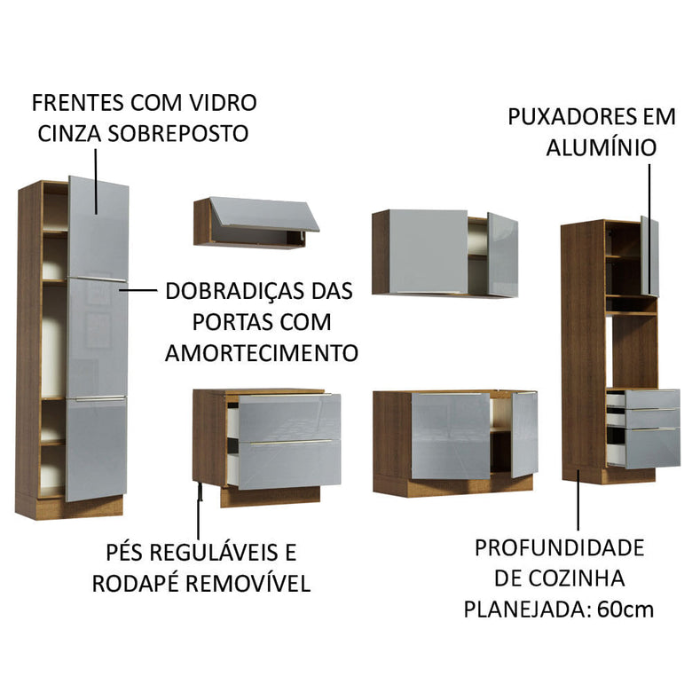 Armário de Cozinha Completa 320cm Rustic/Cinza Lux Madesa 03