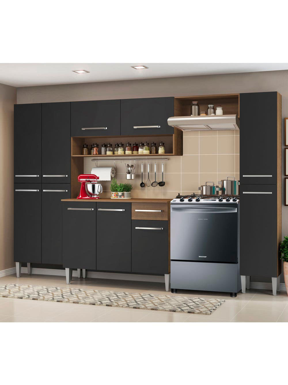 Armário de Cozinha Completa 261cm Rustic/Preto/Preto Emilly Hit Madesa 01 - Rustic/Preto