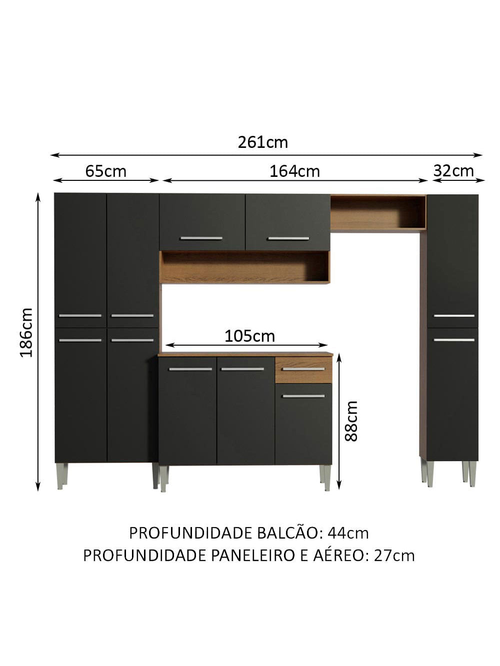 Armário de Cozinha Completa 261cm Rustic/Preto/Preto Emilly Hit Madesa 01