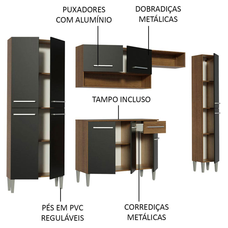Armário de Cozinha Completa 261cm Rustic/Preto/Preto Emilly Hit Madesa 01