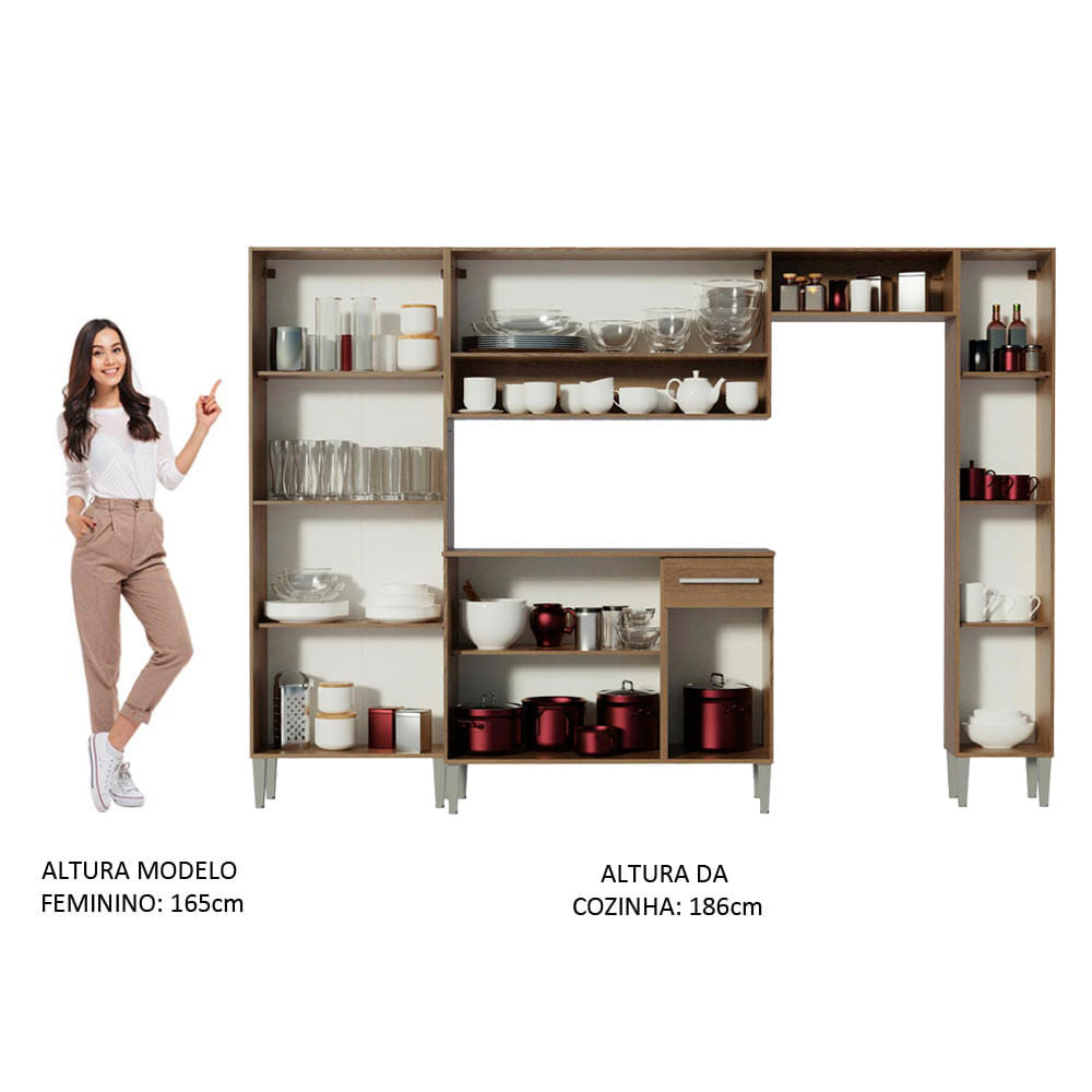 Armário de Cozinha Completa 261cm Rustic/Preto/Preto Emilly Hit Madesa 01