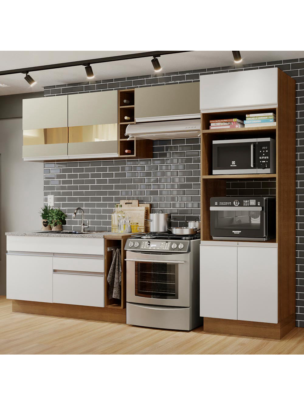 Armário de Cozinha Completa 290cm Rustic/Crema/Branco Cristal Madesa 09 - Rustic/Crema/Branco