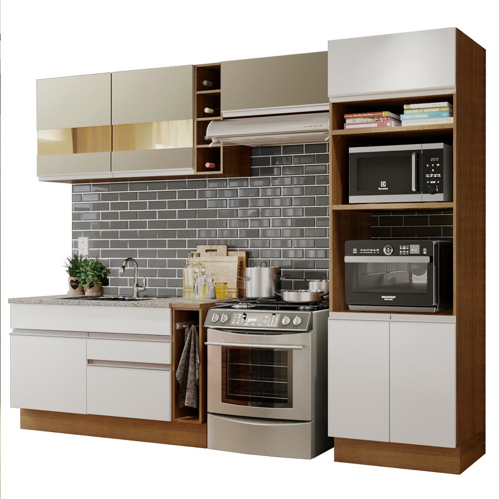 Armário de Cozinha Completa 290cm Rustic/Crema/Branco Cristal Madesa 09 - Rustic/Crema/Branco