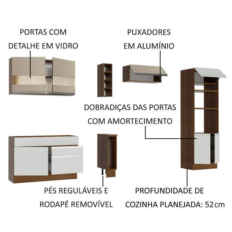 Armário de Cozinha Completa 290cm Rustic/Crema/Branco Cristal Madesa 09