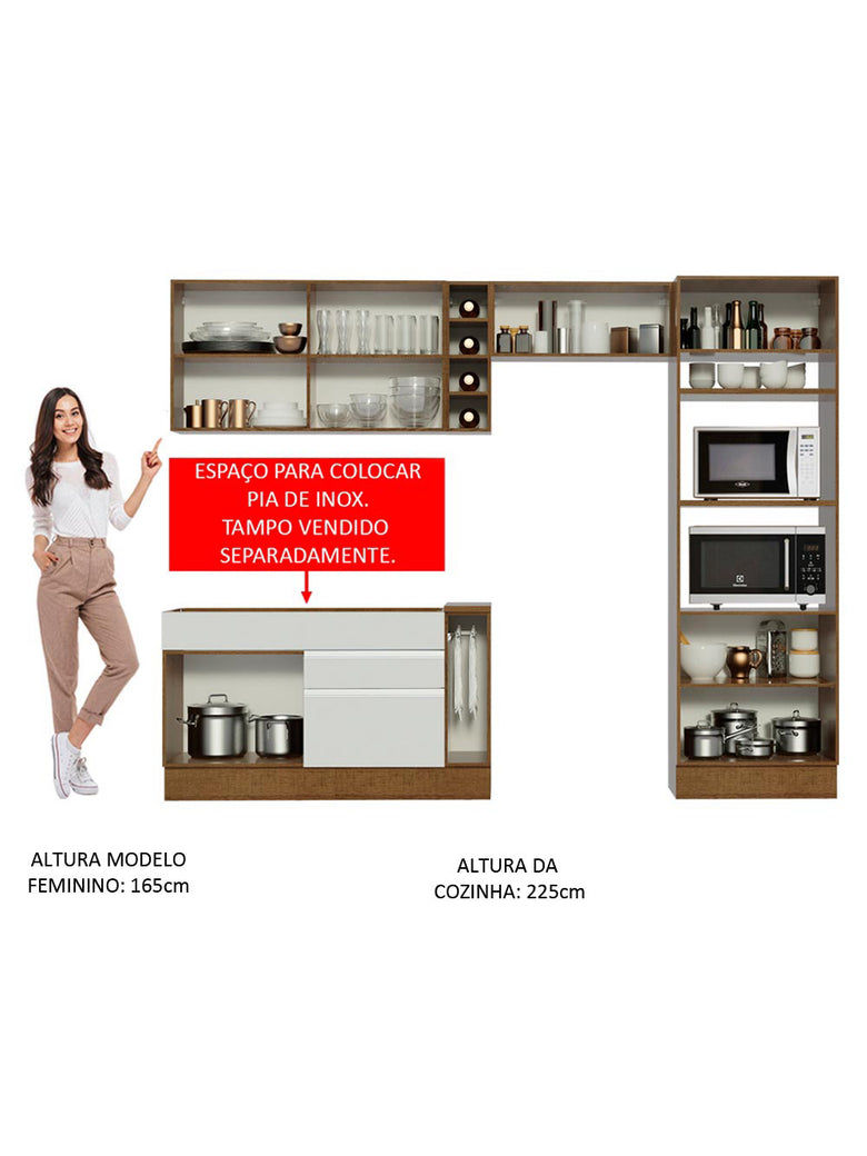 Armário de Cozinha Completa 290cm Rustic/Crema/Branco Cristal Madesa 09