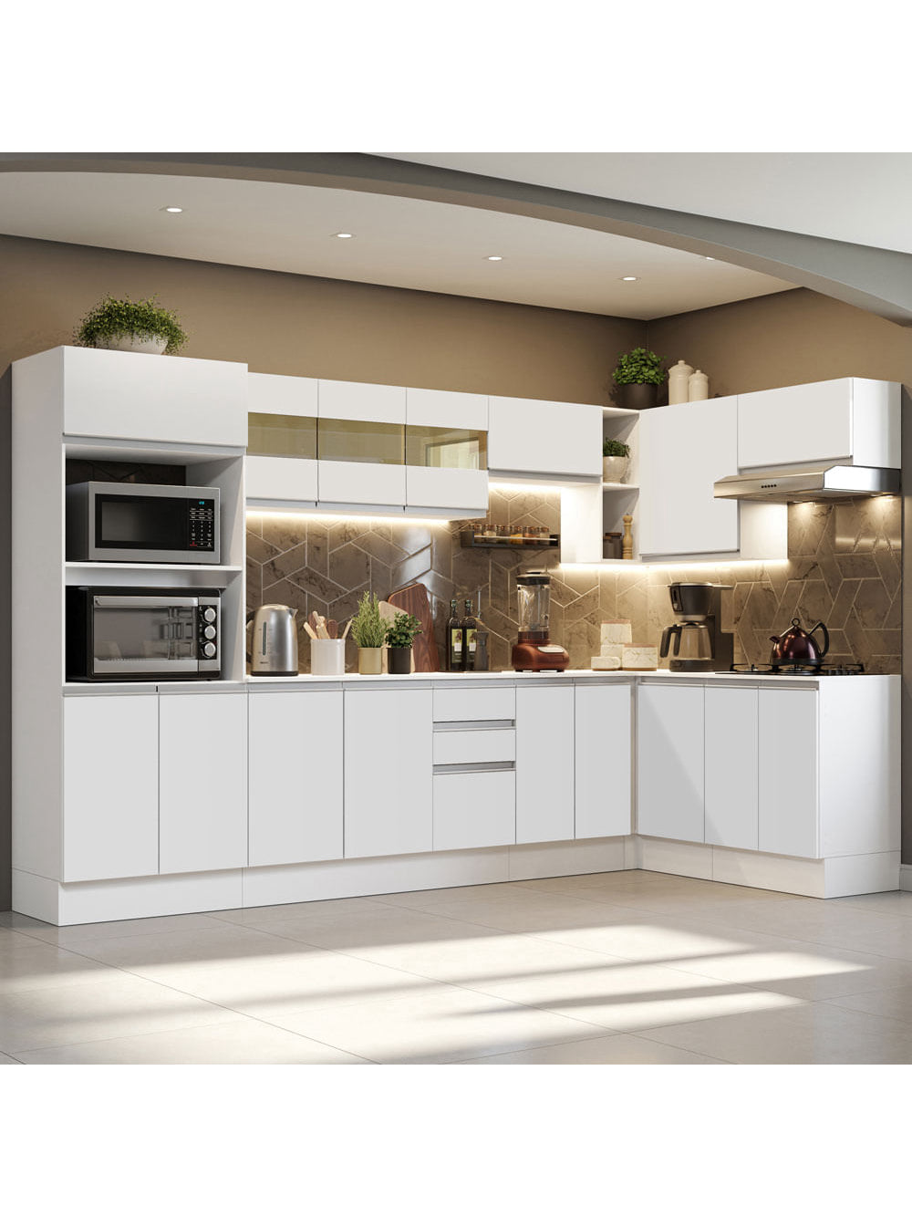 Armário de Cozinha Completa de Canto 100% MDF 448cm Branco Smart Madesa 01 - Branco