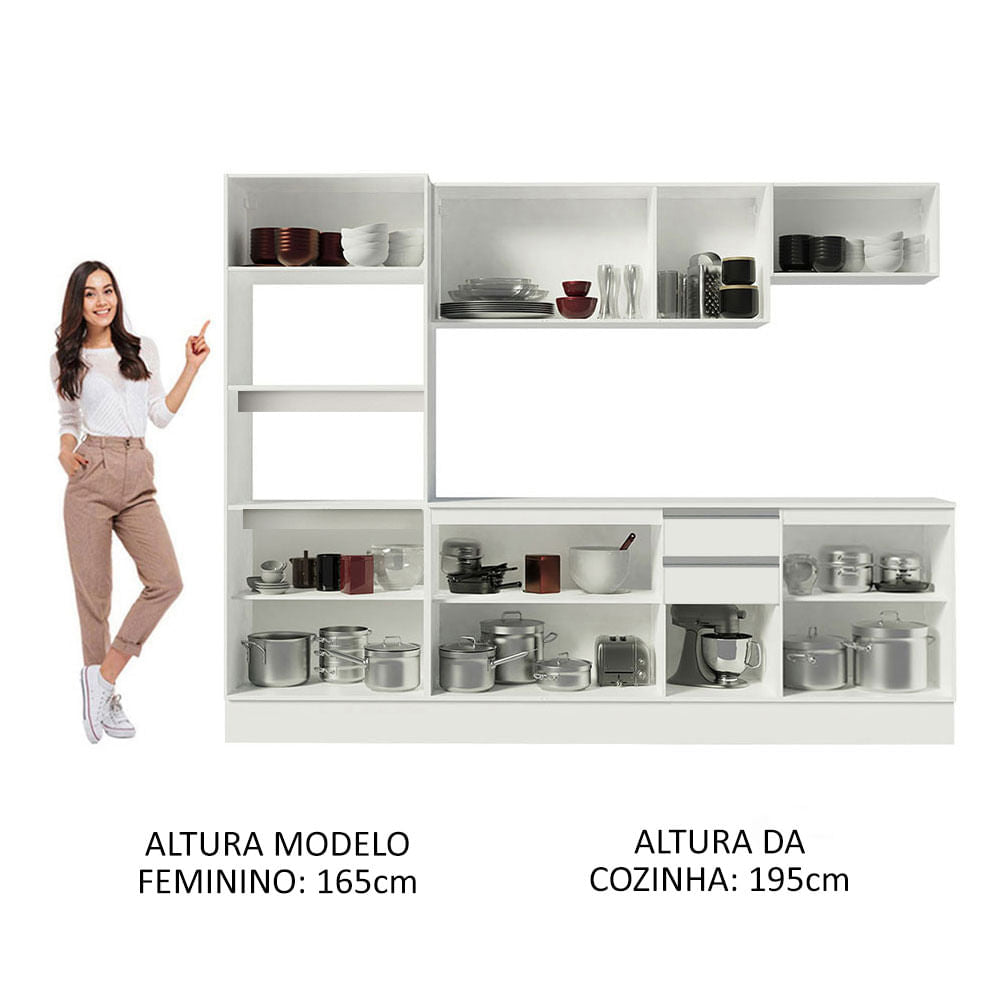 Armário de Cozinha Completa 100% MDF 250cm Branco Smart Madesa 01