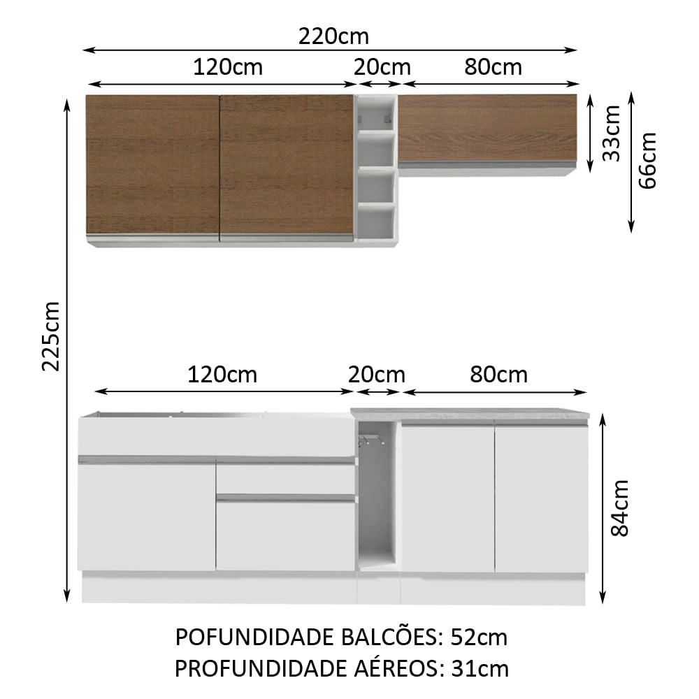Armário de Cozinha Completa 220cm Branco/Branco/Rustic Parma Madesa 03