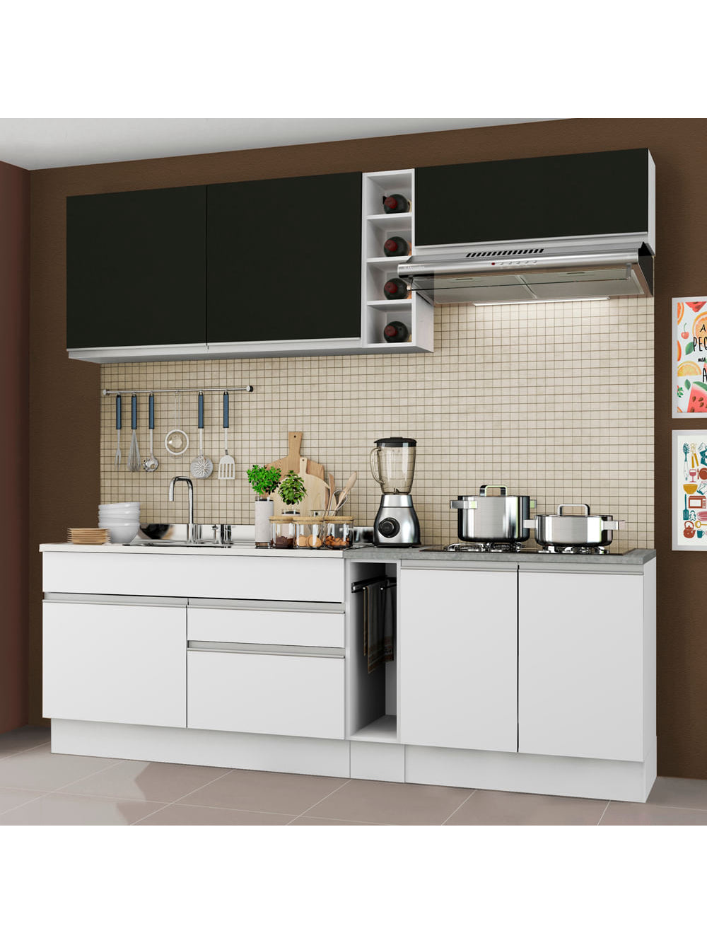 Armário de Cozinha Completa 220cm Branco/Branco/Preto Parma Madesa 03 - Branco/Branco/Preto