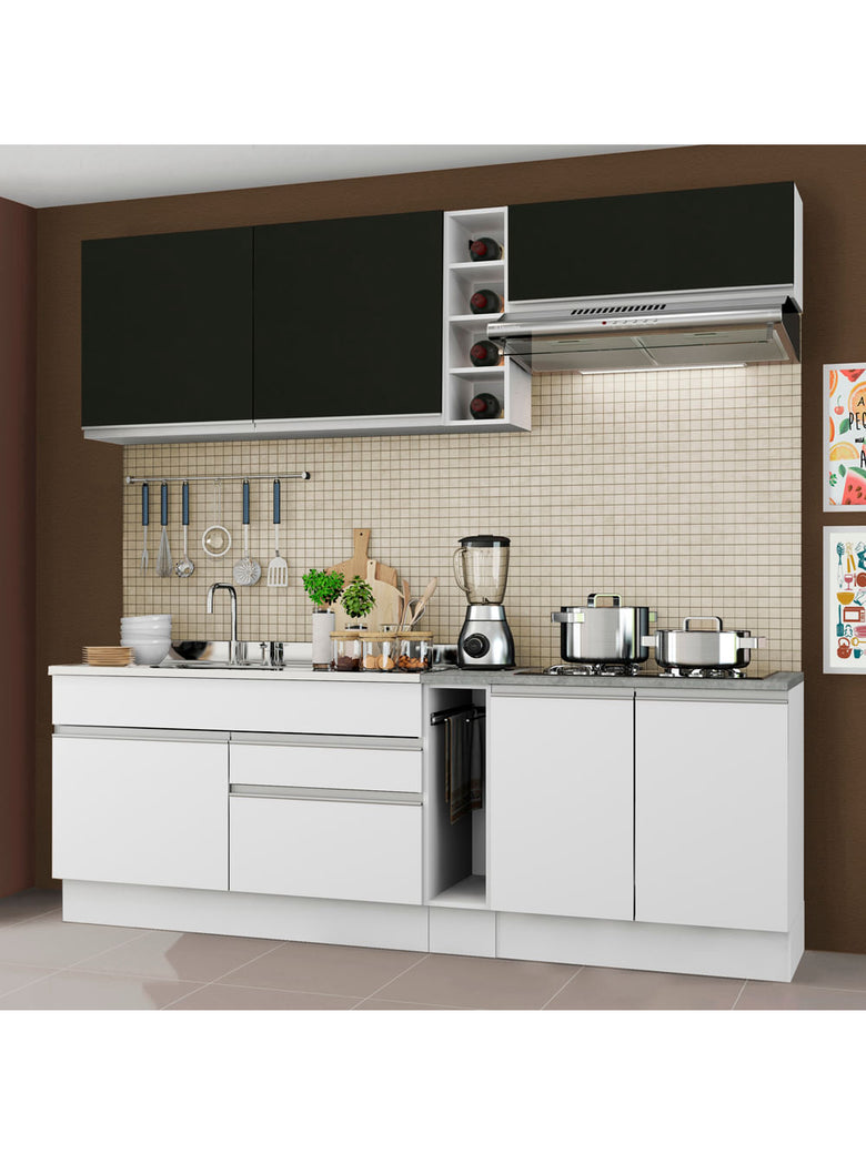Armário de Cozinha Completa 220cm Branco/Branco/Preto Parma Madesa 03
