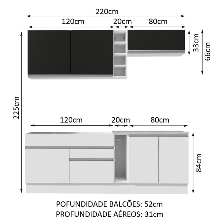 Armário de Cozinha Completa 220cm Branco/Branco/Preto Parma Madesa 03