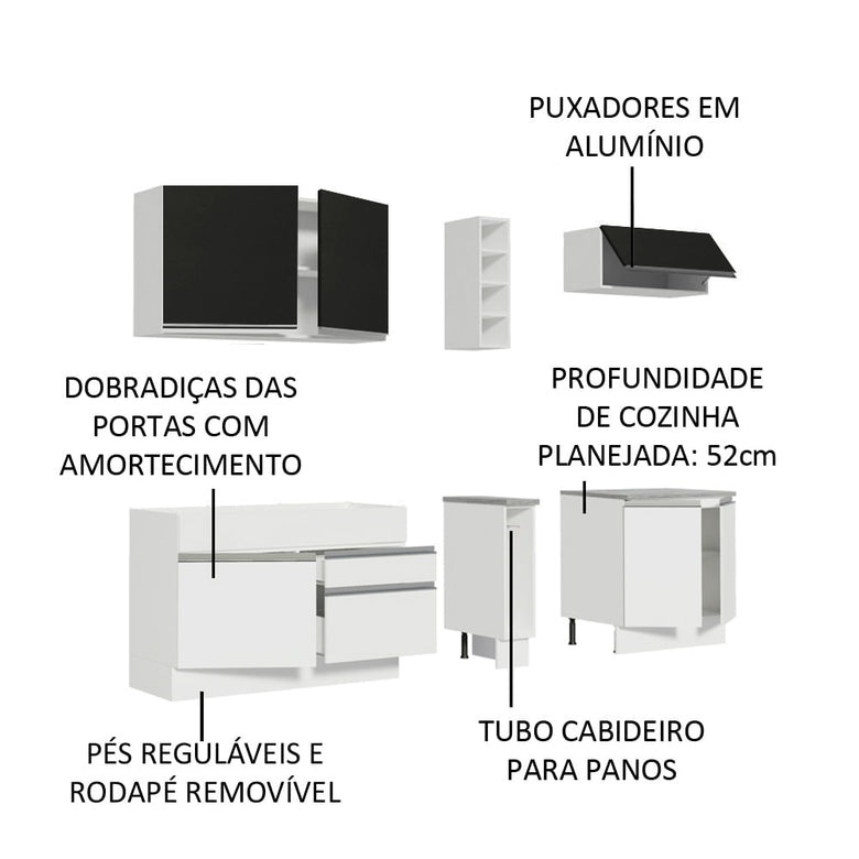 Armário de Cozinha Completa 220cm Branco/Branco/Preto Parma Madesa 03