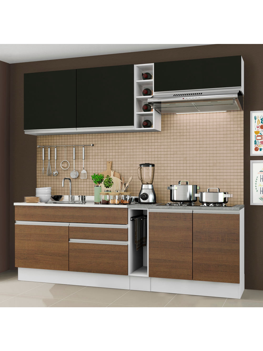 Armário de Cozinha Completa 220cm Branco/Preto/Rustic Parma Madesa 03 - Branco/Preto/Rustic