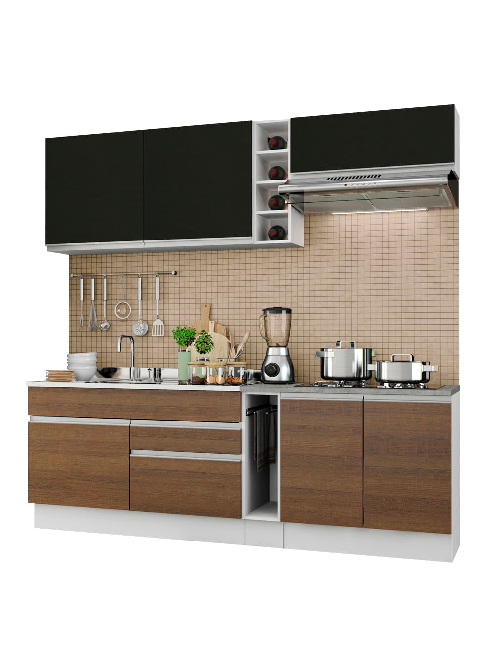 Armário de Cozinha Completa 220cm Branco/Preto/Rustic Parma Madesa 03 - Branco/Preto/Rustic