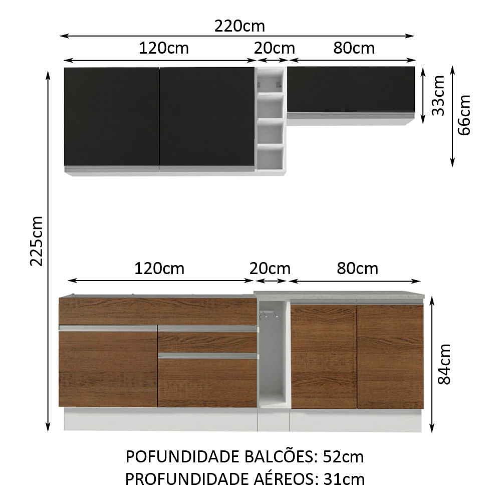 Armário de Cozinha Completa 220cm Branco/Preto/Rustic Parma Madesa 03