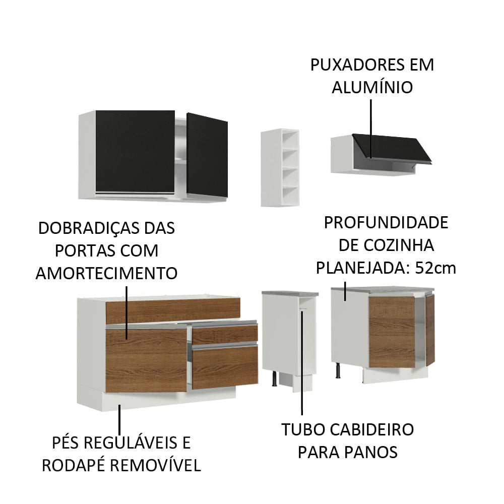 Armário de Cozinha Completa 220cm Branco/Preto/Rustic Parma Madesa 03